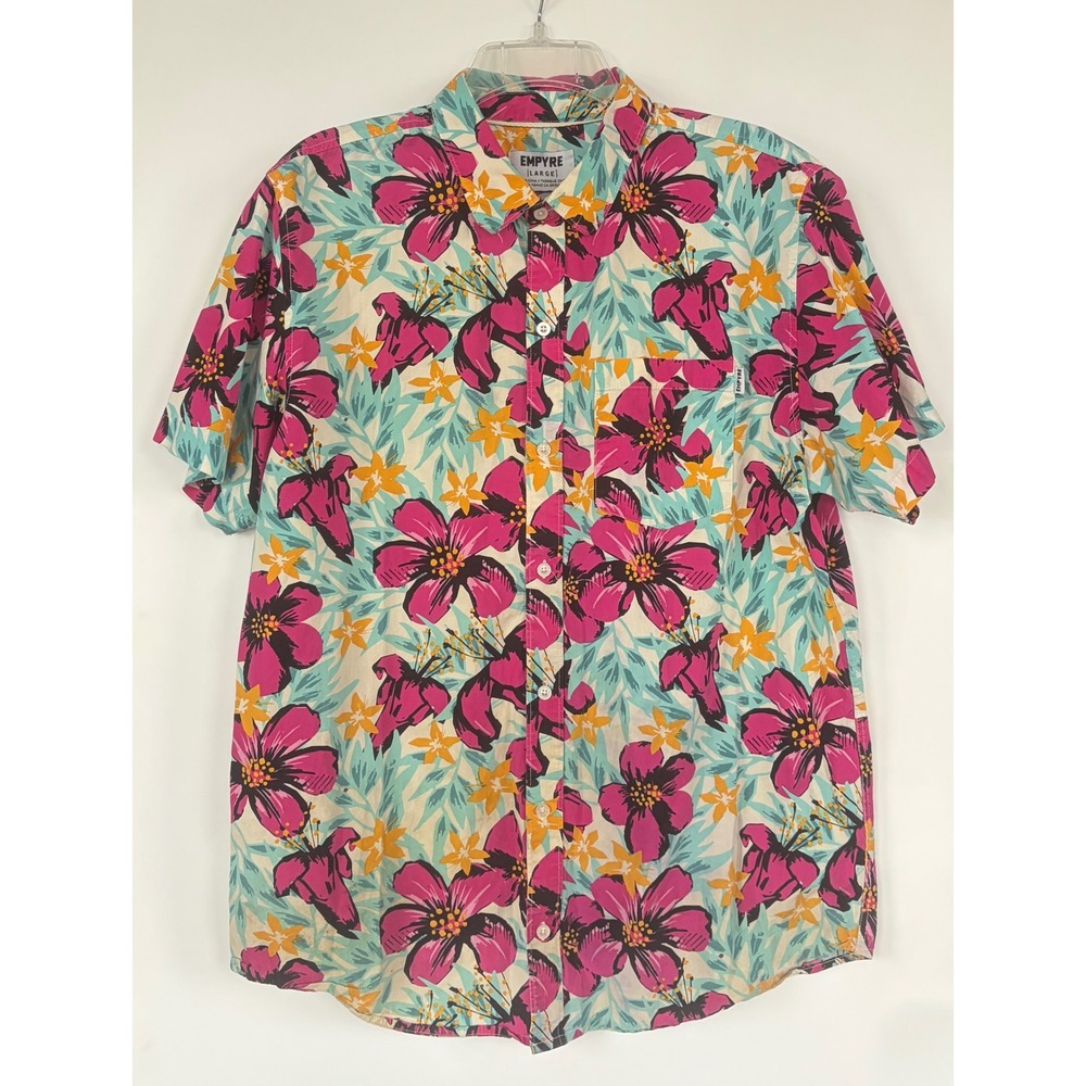 Empyre Mens Large Short Sleeve Button Up Shirt Tropical Floral Pink Teal Orange